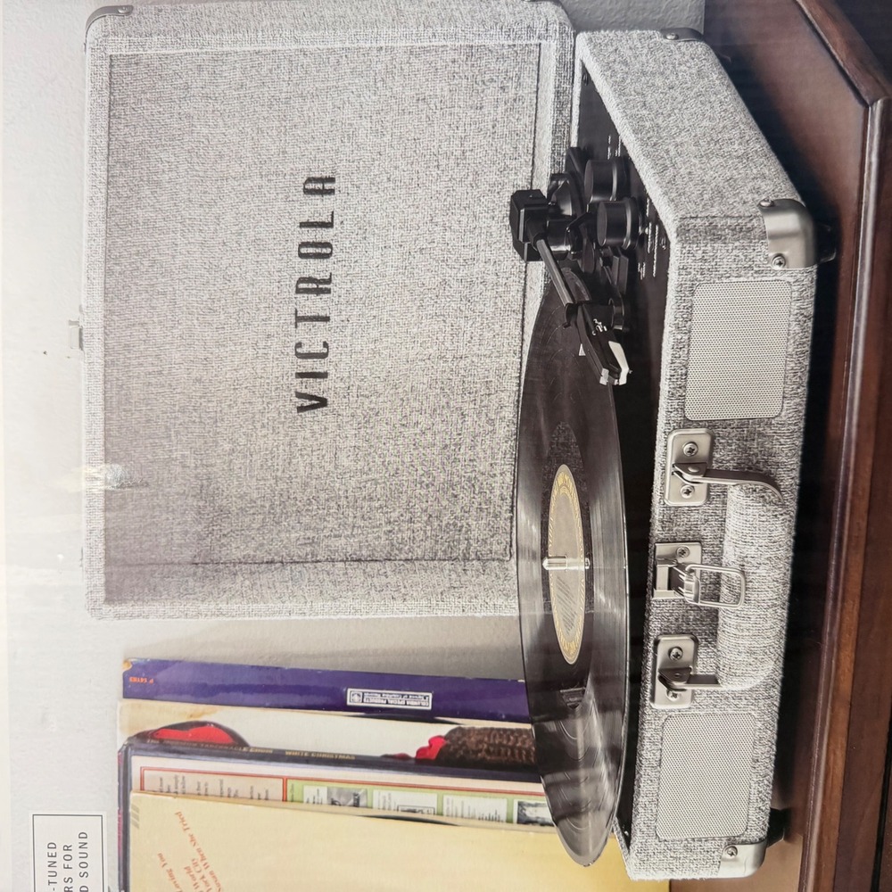 Victrola Journey+ Signature Suitcase Record Player Bluetooth 3-Speed Grey Linen